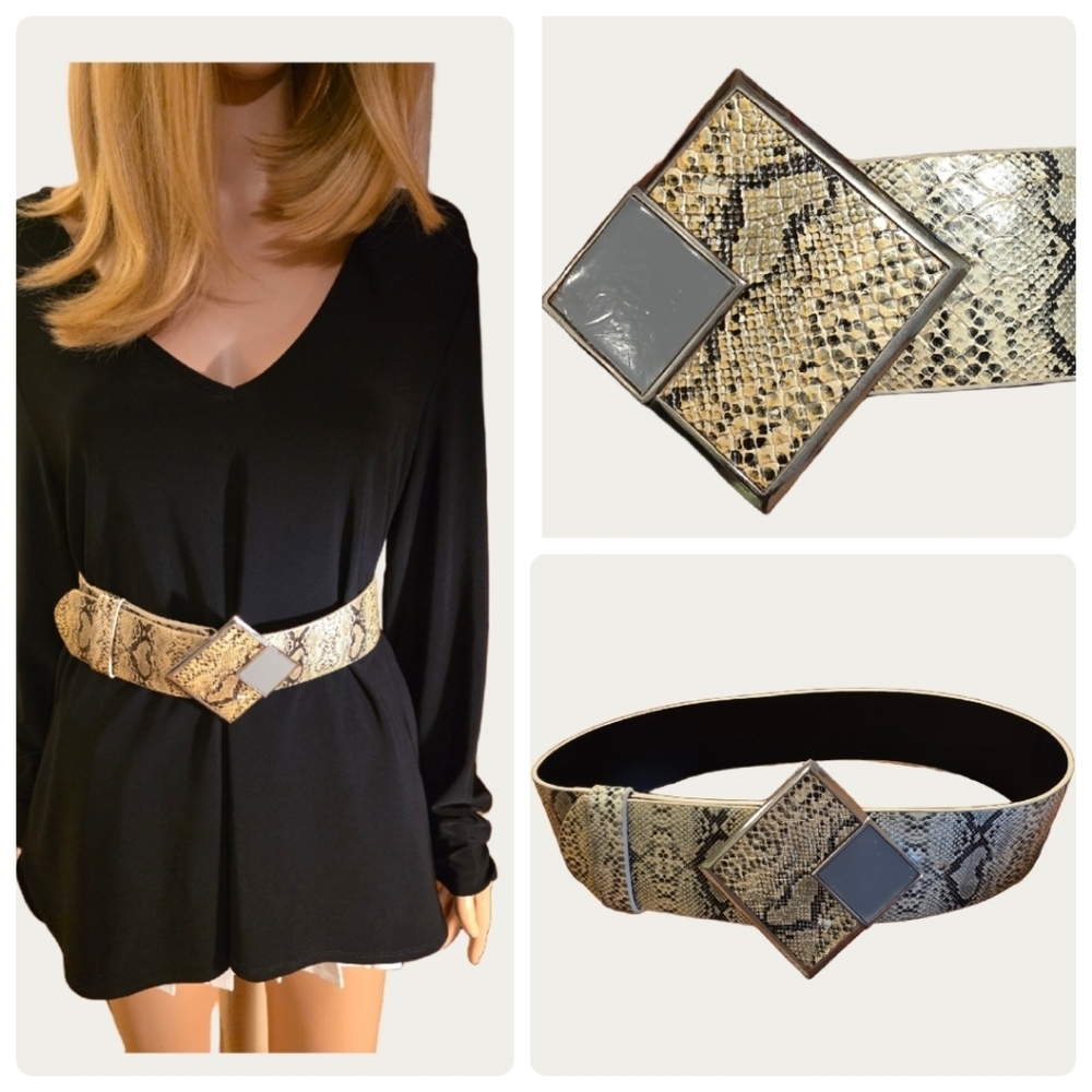 Vintage Vegan Maximalist Statement Piece Snakeskin Print Belt 27" - 31" - Picture 4 of 13
